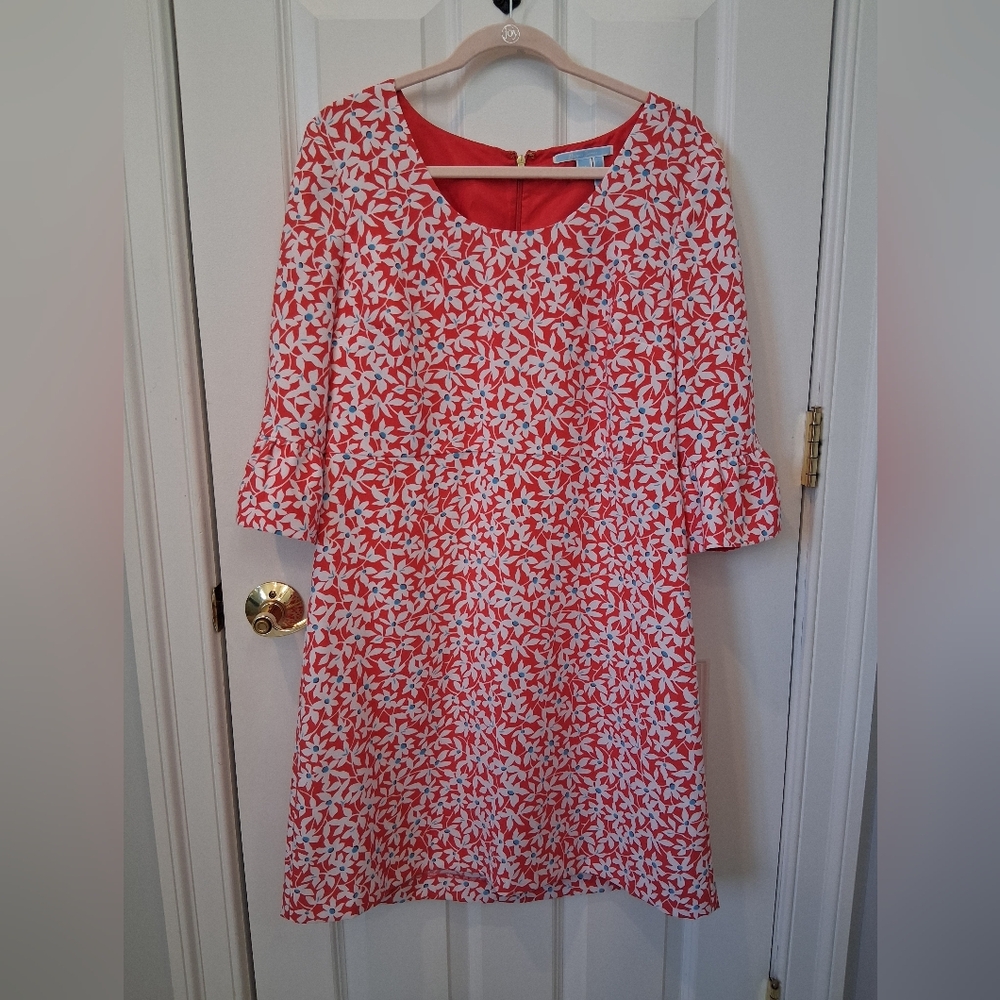 Draper James Roslyn Red and White Floral Mini Dress With Bell Sleeves